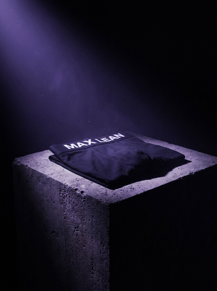 MAX LEAN — trunk on a concrete plinth in a single violet beam