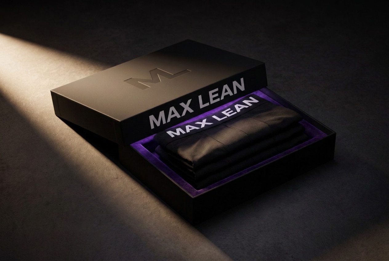MAX LEAN gift box with a stack of three black trunks