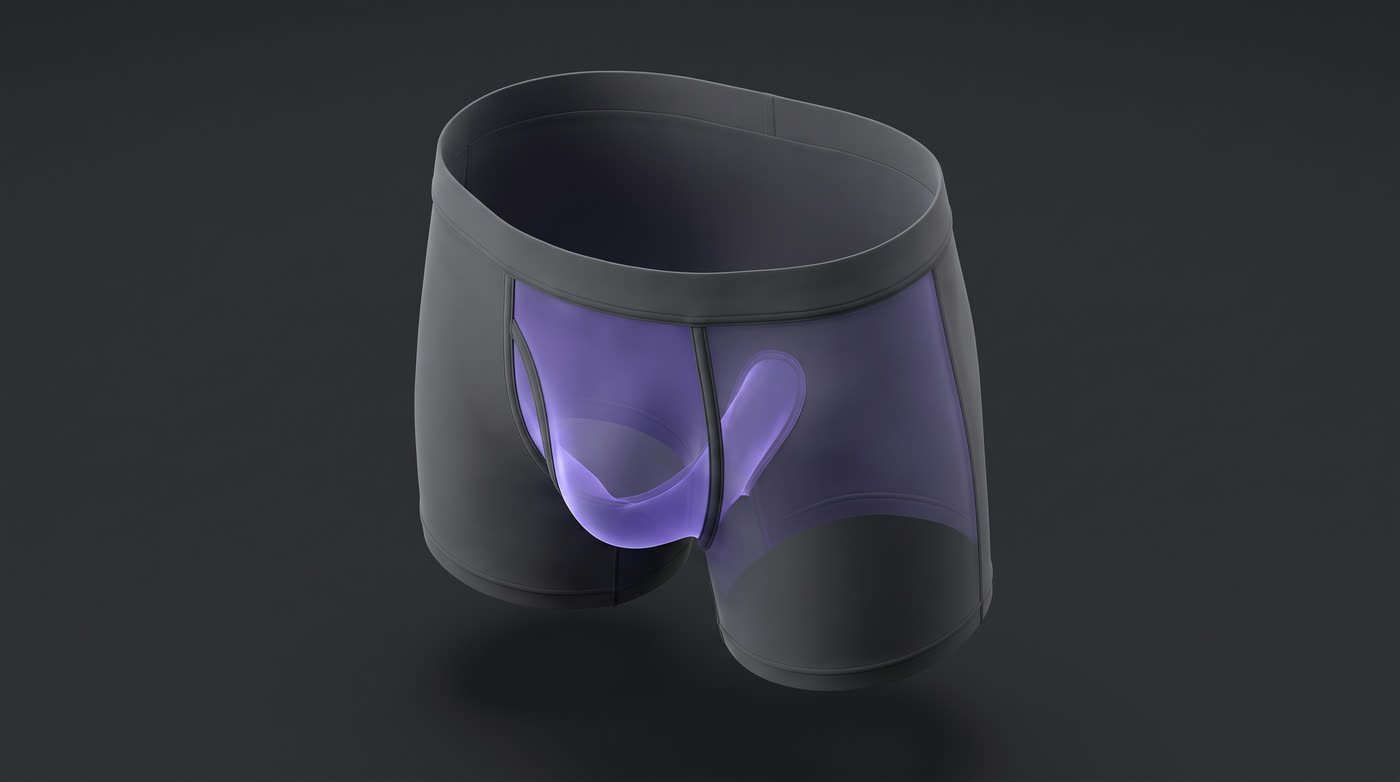 Cutaway render: the separate MAX LEAN Support Pouch chamber inside the trunk, highlighted in violet
